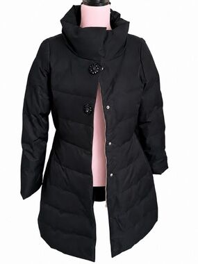 Kate Spade Black Quilted Puffer Coat with Back Bow and 2 Beaded Buttons